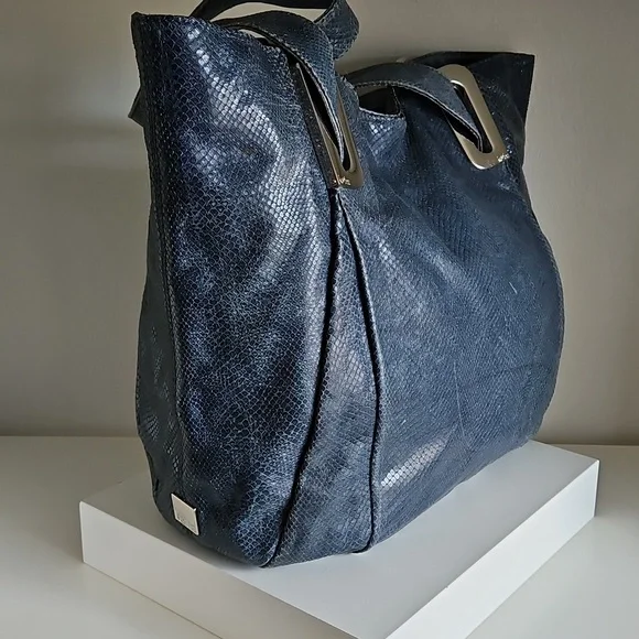 KOOBA Elegant Denim Blue Snake Embossed Glossed Tote Shoulder Bag - Picture 3 of 10